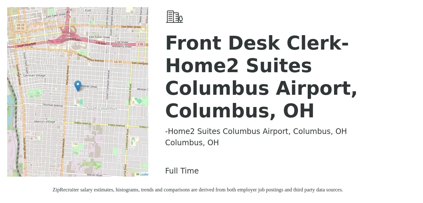 -Home2 Suites Columbus Airport, Columbus, OH job posting for a Front Desk Clerk-Home2 Suites Columbus Airport, Columbus, OH in Columbus, OH with a salary of $14 to $18 Hourly with a map of Columbus location.