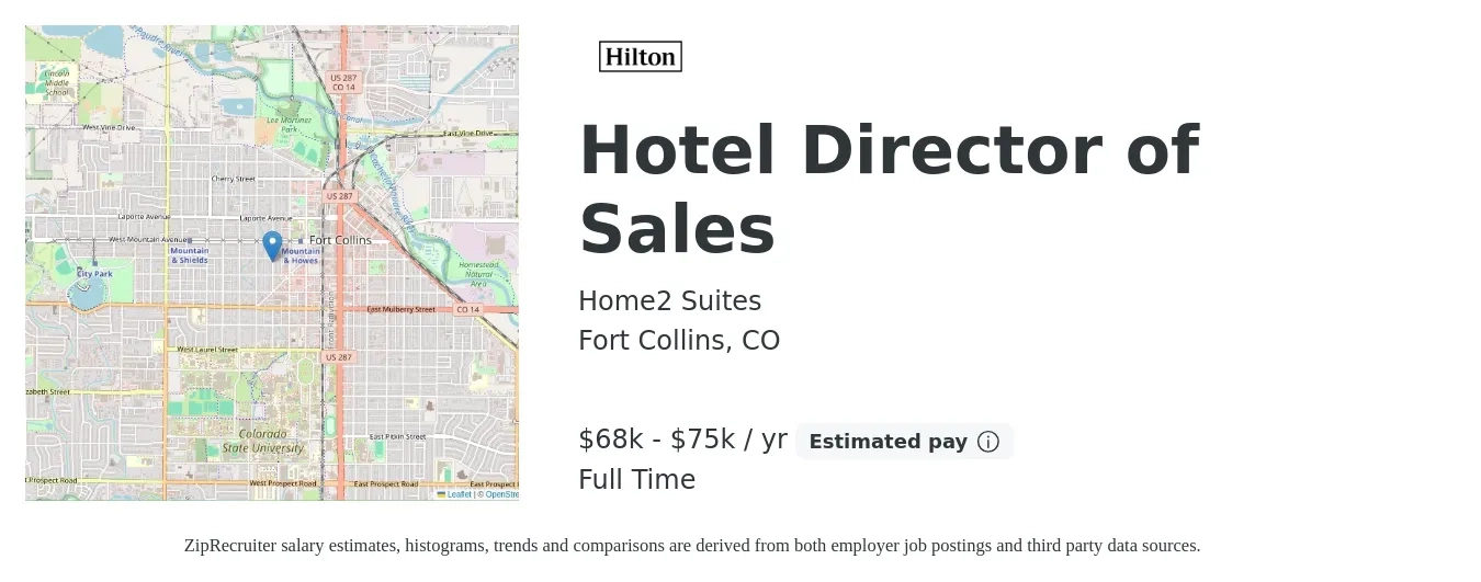 Home2 Suites job posting for a Hotel Director of Sales in Fort Collins, CO with a salary of $68,000 to $75,000 Yearly with a map of Fort Collins location.