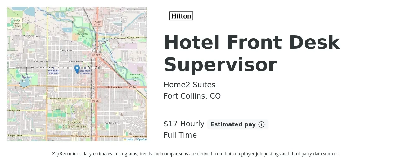 Home2 Suites job posting for a Hotel Front Desk Supervisor in Fort Collins, CO with a salary of $18 Hourly with a map of Fort Collins location.