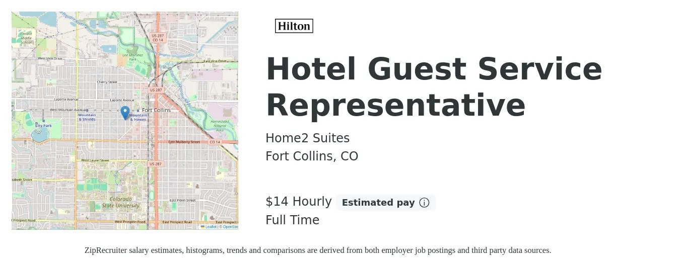 Home2 Suites job posting for a Hotel Guest Service Representative in Fort Collins, CO with a salary of $15 Hourly with a map of Fort Collins location.