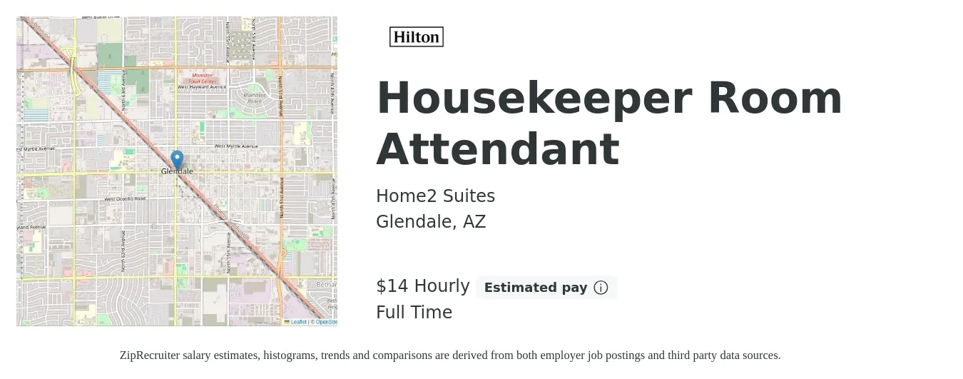 Home2 Suites job posting for a Housekeeper Room Attendant in Glendale, AZ with a salary of $16 Hourly with a map of Glendale location.