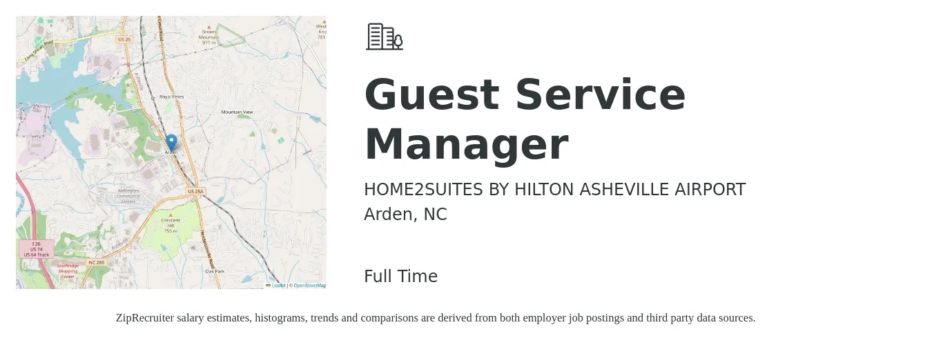 HOME2SUITES BY HILTON ASHEVILLE AIRPORT job posting for a Guest Service Manager in Arden, NC with a salary of $17 to $24 Hourly with a map of Arden location.