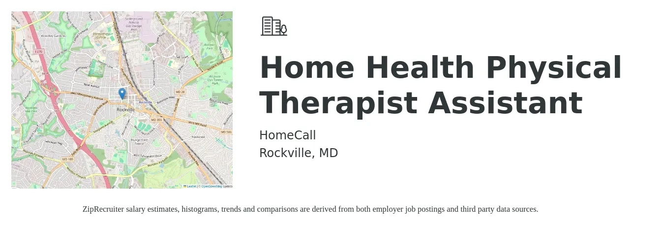 HomeCall job posting for a Home Health Physical Therapist Assistant in Rockville, MD with a salary of $43 to $60 Hourly with a map of Rockville location.