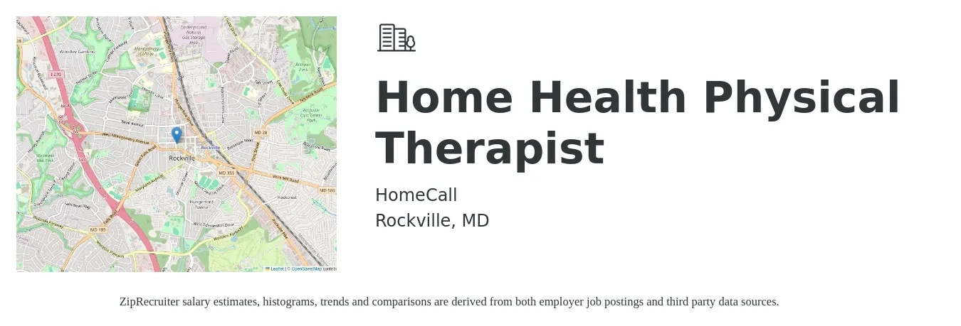 HomeCall job posting for a Home Health Physical Therapist in Rockville, MD with a salary of $46 to $59 Hourly with a map of Rockville location.