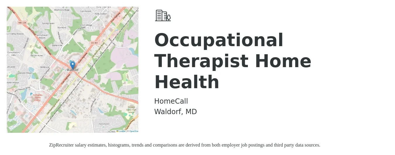 HomeCall job posting for a Occupational Therapist Home Health in Waldorf, MD with a salary of $42 to $52 Hourly with a map of Waldorf location.