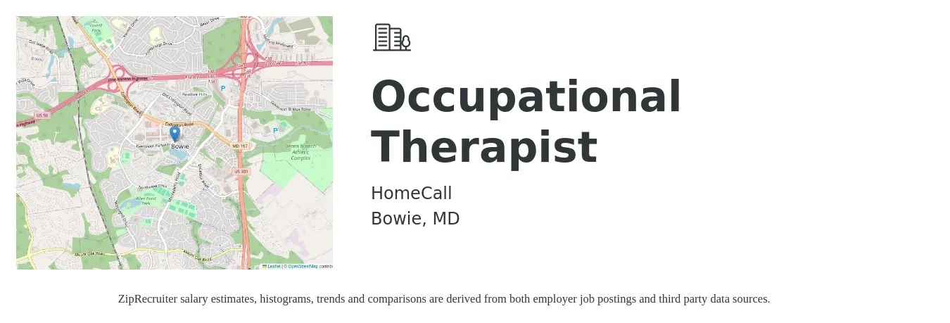 HomeCall job posting for a Occupational Therapist in Bowie, MD with a salary of $70,000 Yearly with a map of Bowie location.