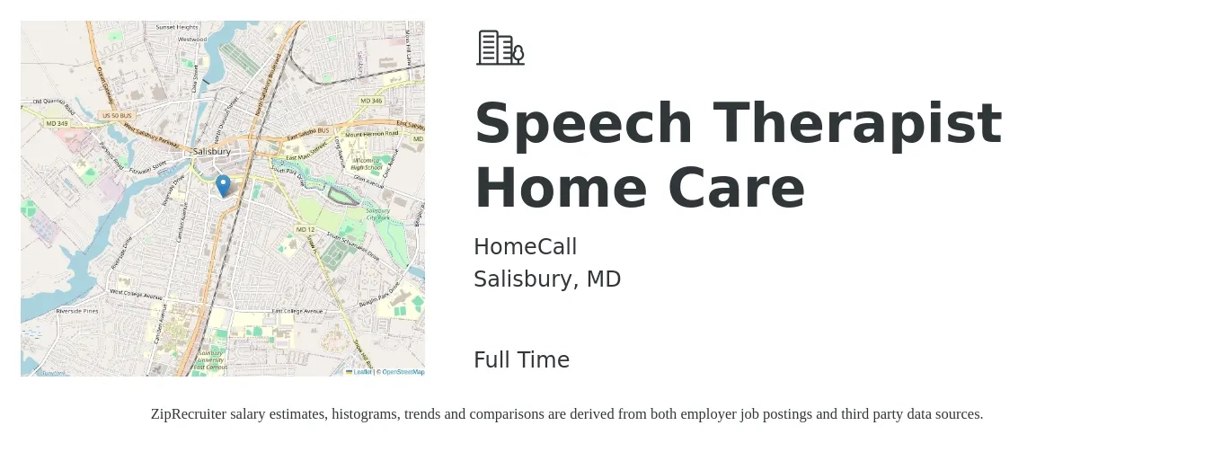 HomeCall job posting for a Speech Therapist Home Care in Salisbury, MD with a salary of $39 to $54 Hourly with a map of Salisbury location.