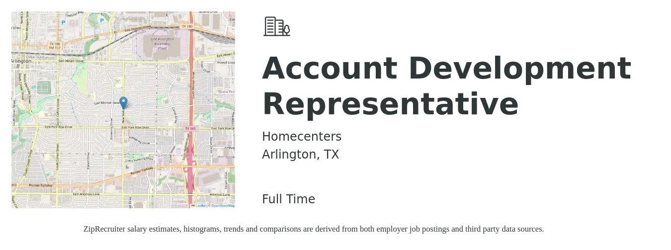 Homecenters job posting for a Account Development Representative in Arlington, TX with a salary of $37,300 to $55,800 Yearly with a map of Arlington location.