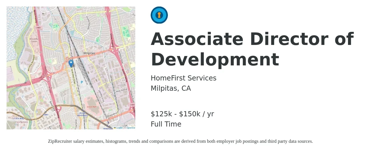 HomeFirst Services job posting for a Associate Director of Development in Milpitas, CA with a salary of $125,000 to $150,000 Yearly with a map of Milpitas location.