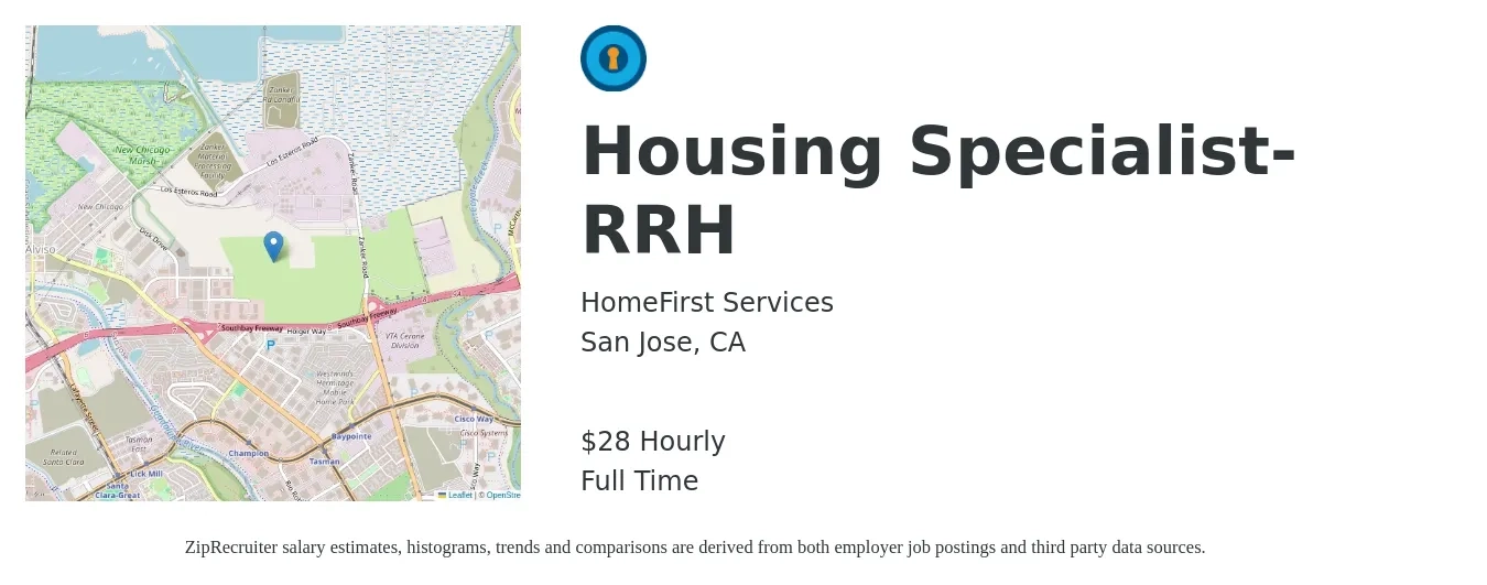 HomeFirst Services job posting for a Housing Specialist-RRH in San Jose, CA with a salary of $30 Hourly with a map of San Jose location.