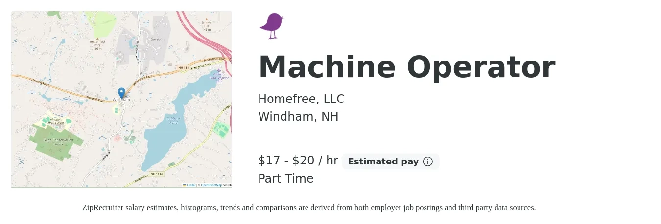 Homefree, LLC job posting for a Machine Operator in Windham, NH with a salary of $18 to $21 Hourly with a map of Windham location.
