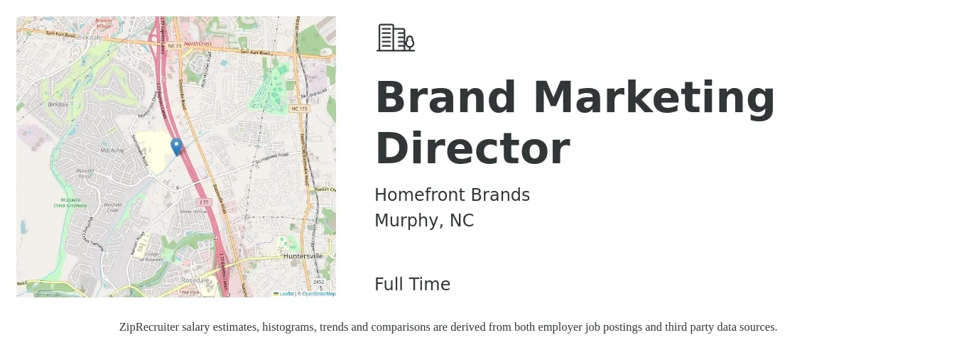 Homefront Brands job posting for a Brand Marketing Director in Murphy, NC with a salary of $83,600 to $141,000 Yearly with a map of Murphy location.