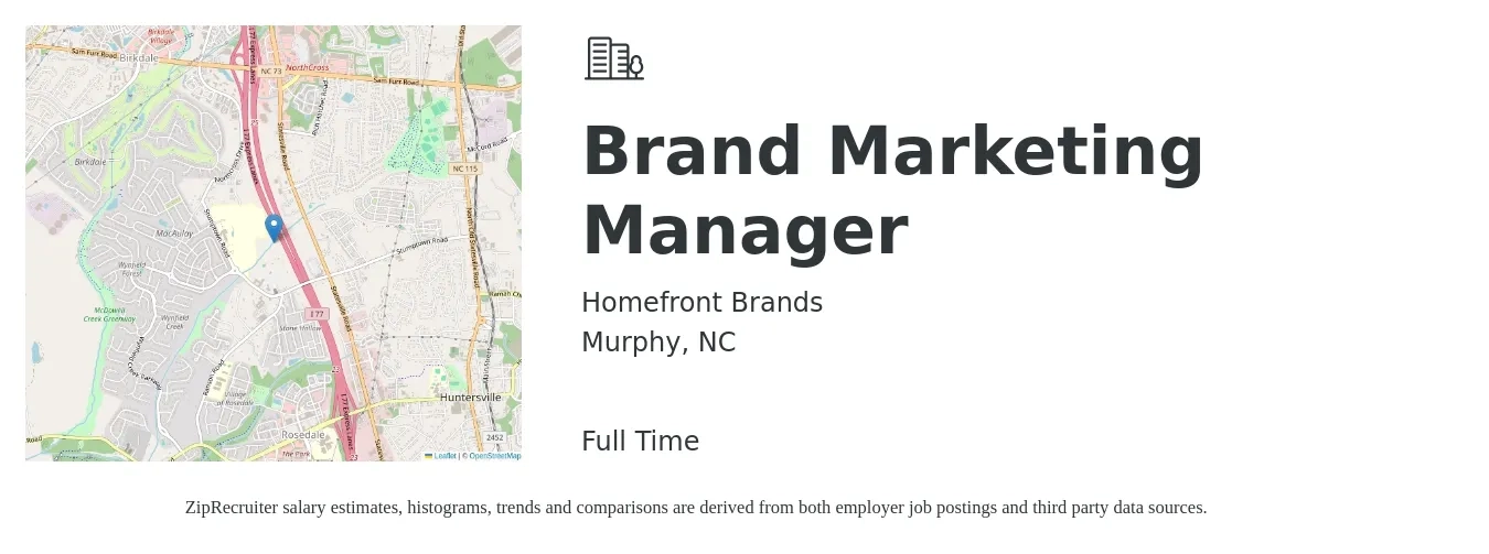 Homefront Brands job posting for a Brand Marketing Manager in Murphy, NC with a salary of $51,700 to $105,200 Yearly with a map of Murphy location.