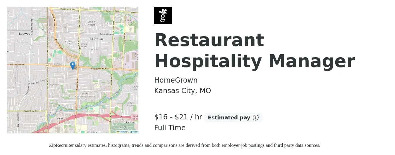 HomeGrown job posting for a Restaurant Hospitality Manager in Kansas City, MO with a salary of $43,300 to $53,300 Yearly with a map of Kansas City location.