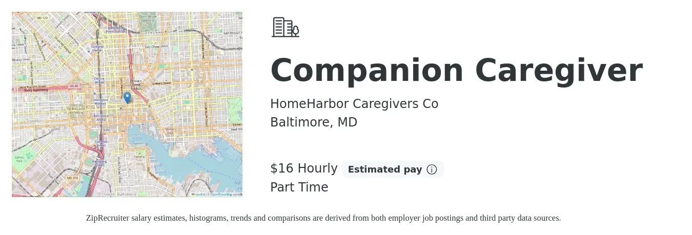 HomeHarbor Caregivers Co job posting for a Companion Caregiver in Baltimore, MD with a salary of $17 Hourly with a map of Baltimore location.