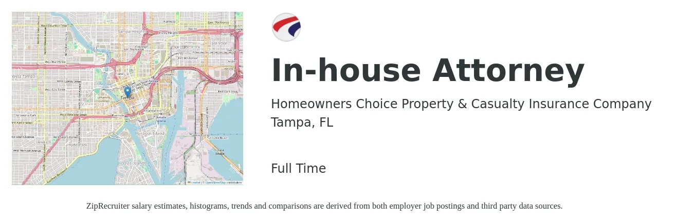 Homeowners Choice Property & Casualty Insurance Company job posting for a In-house Attorney in Tampa, FL with a salary of $84,600 to $131,400 Yearly with a map of Tampa location.
