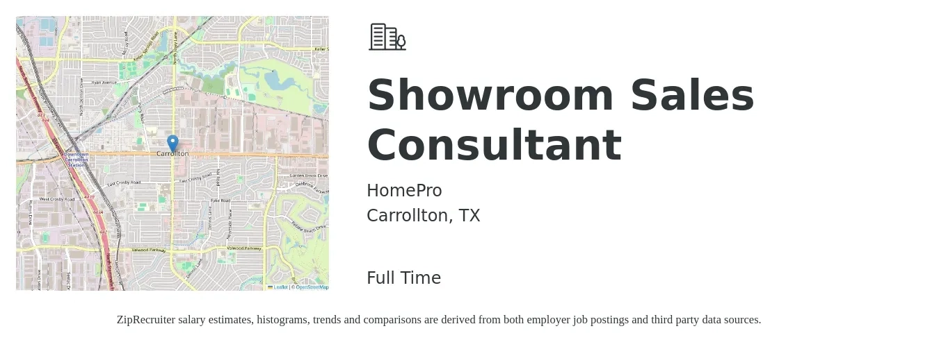 HomePro job posting for a Showroom Sales Consultant in Carrollton, TX with a salary of $19 to $25 Hourly with a map of Carrollton location.