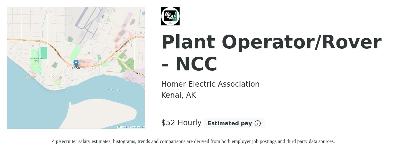 Homer Electric Association job posting for a Plant Operator/Rover - NCC in Kenai, AK with a salary of $53 Hourly with a map of Kenai location.