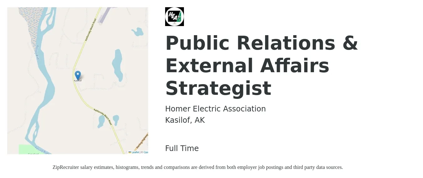 Homer Electric Association job posting for a Public Relations & External Affairs Strategist in Kasilof, AK with a salary of $94,900 to $182,900 Yearly with a map of Kasilof location.