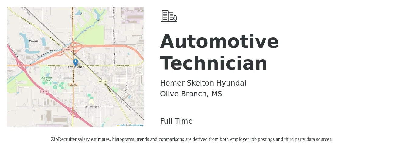 Homer Skelton Hyundai job posting for a Automotive Technician in Olive Branch, MS with a salary of $20 to $31 Hourly with a map of Olive Branch location.
