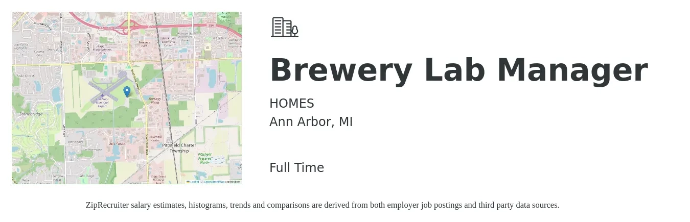 HOMES job posting for a Brewery Lab Manager in Ann Arbor, MI with a salary of $68,500 to $108,600 Yearly with a map of Ann Arbor location.