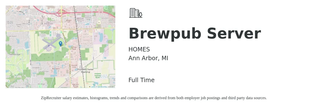 HOMES job posting for a Brewpub Server in Ann Arbor, MI with a salary of $18 to $22 Hourly with a map of Ann Arbor location.