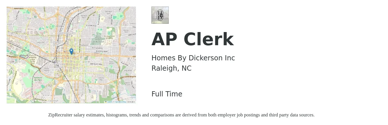 Homes By Dickerson Inc job posting for a AP Clerk in Raleigh, NC with a salary of $19 to $24 Hourly with a map of Raleigh location.