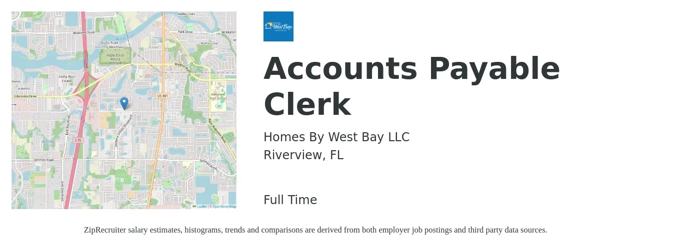Homes By West Bay LLC job posting for a Accounts Payable Clerk in Riverview, FL with a salary of $17 to $22 Hourly with a map of Riverview location.