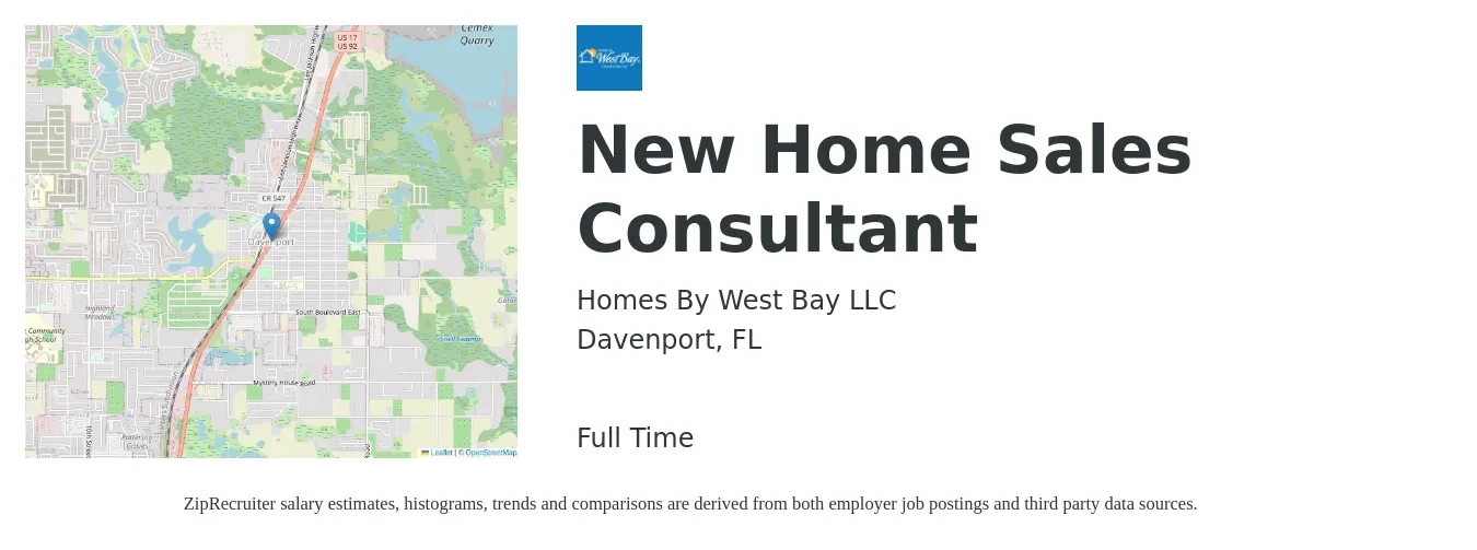 Homes By West Bay LLC job posting for a New Home Sales Consultant in Davenport, FL with a salary of $68,400 to $133,300 Yearly with a map of Davenport location.