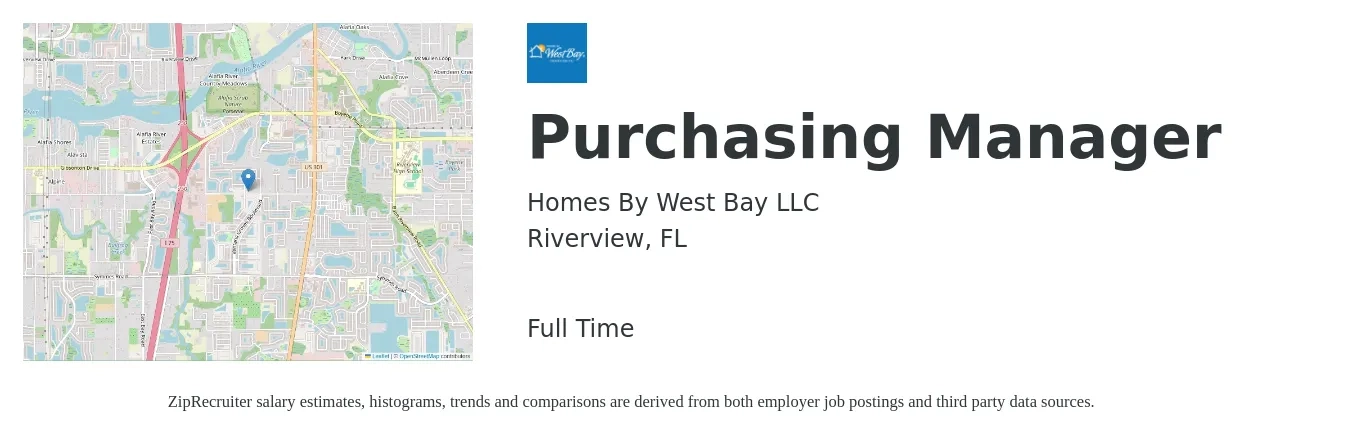 Homes By West Bay LLC job posting for a Purchasing Manager in Riverview, FL with a salary of $58,000 to $89,200 Yearly with a map of Riverview location.