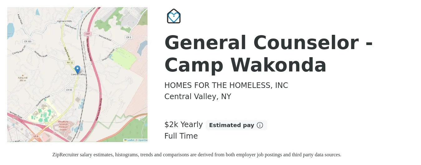 HOMES FOR THE HOMELESS, INC job posting for a General Counselor - Camp Wakonda in Central Valley, NY with a salary of $2,800 Yearly with a map of Central Valley location.