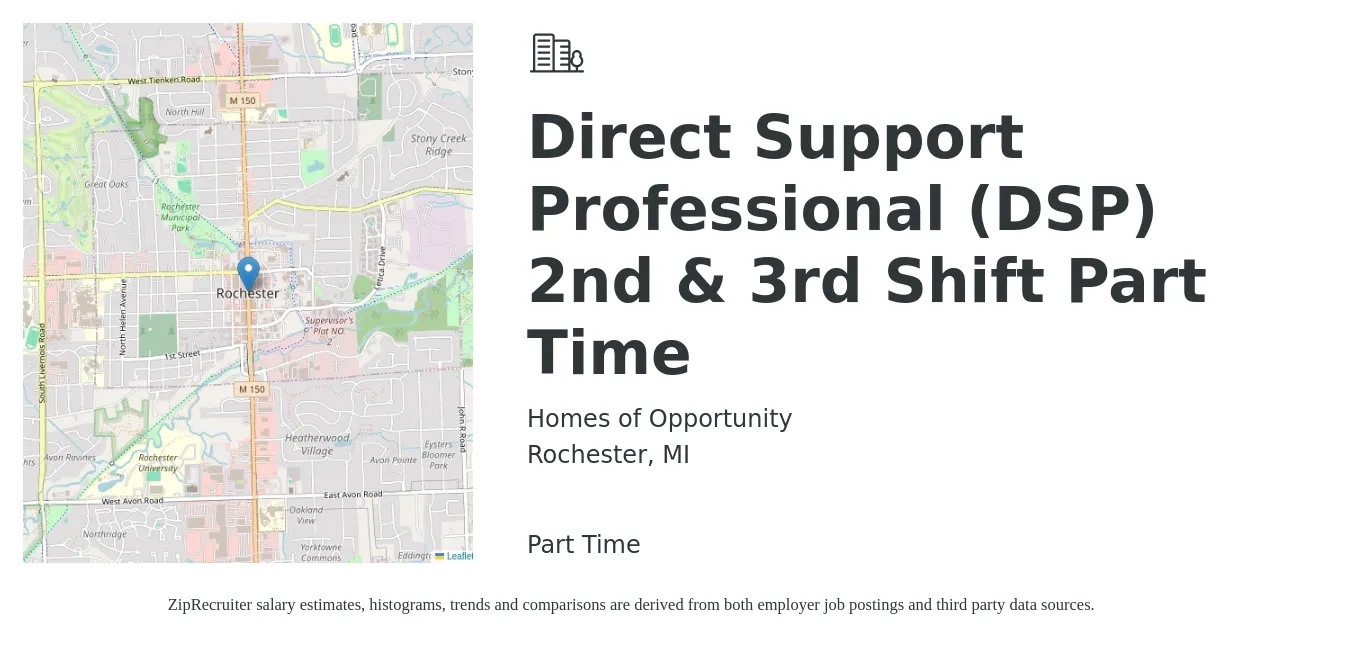 Homes of Opportunity job posting for a Direct Support Professional (DSP) 2nd & 3rd Shift Part Time in Rochester, MI with a salary of $14 to $17 Hourly with a map of Rochester location.