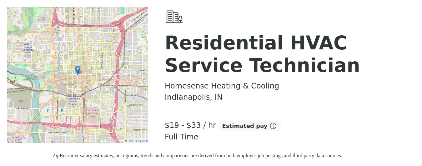 Homesense Heating & Cooling job posting for a Residential HVAC Service Technician in Indianapolis, IN with a salary of $20 to $35 Hourly (plus commission) and benefits including life_insurance, pto, and retirement with a map of Indianapolis location.