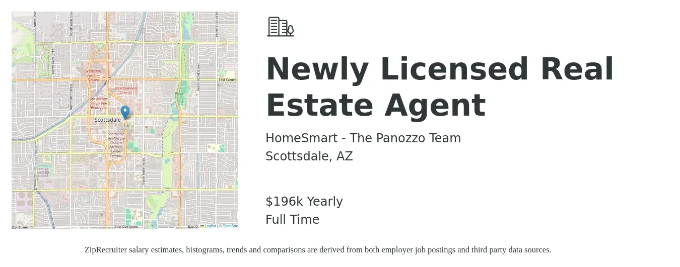 HomeSmart - The Panozzo Team job posting for a Newly Licensed Real Estate Agent in Scottsdale, AZ with a salary of $196,492 Yearly with a map of Scottsdale location.