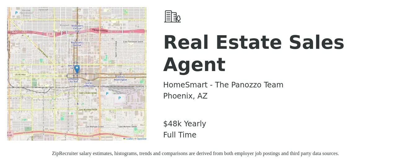 HomeSmart - The Panozzo Team job posting for a Real Estate Sales Agent in Phoenix, AZ with a salary of $48,227 Yearly with a map of Phoenix location.