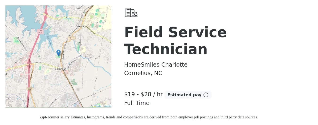 HomeSmiles Charlotte job posting for a Field Service Technician in Cornelius, NC with a salary of $20 to $30 Hourly with a map of Cornelius location.