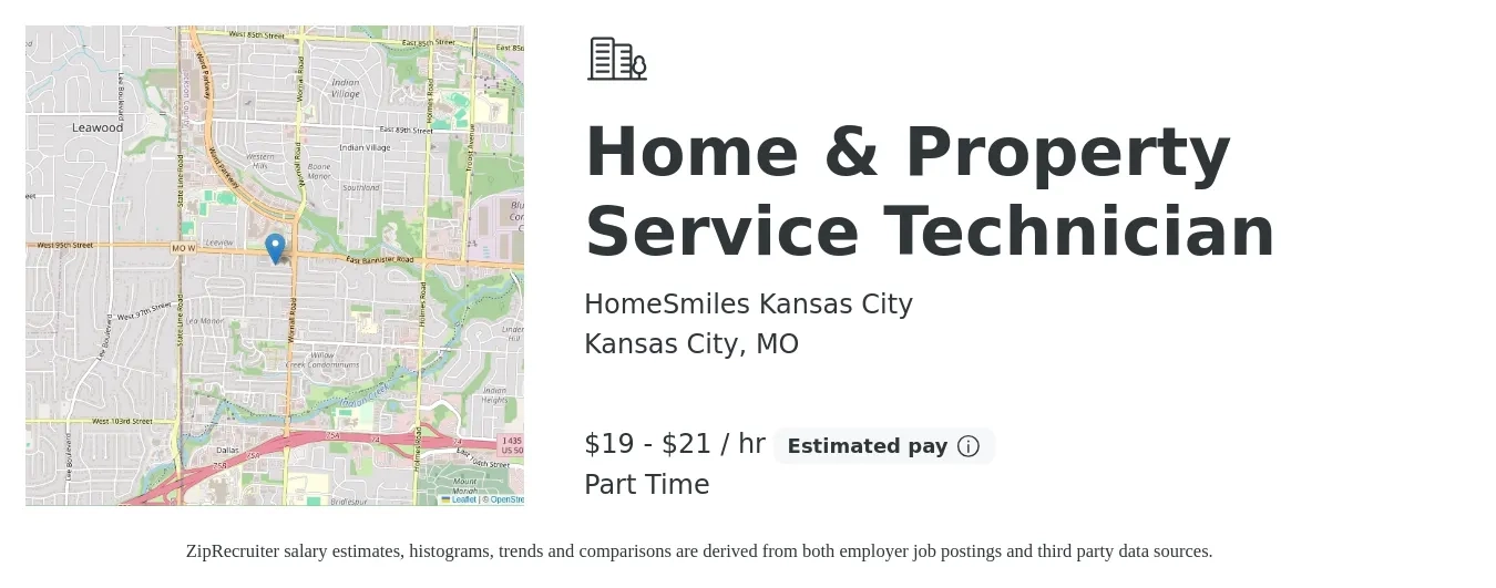 HomeSmiles Kansas City job posting for a Home & Property Service Technician in Kansas City, MO with a salary of $20 to $22 Hourly with a map of Kansas City location.