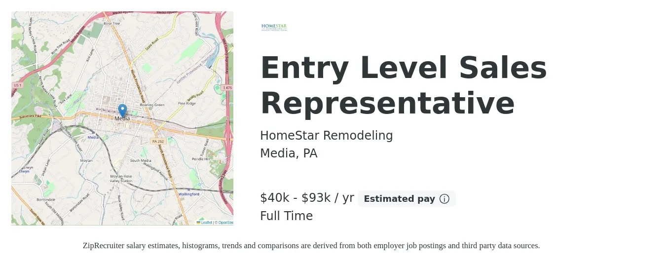 HomeStar Remodeling job posting for a Entry Level Sales Representative in Media, PA with a salary of $40,000 to $93,000 Yearly with a map of Media location.