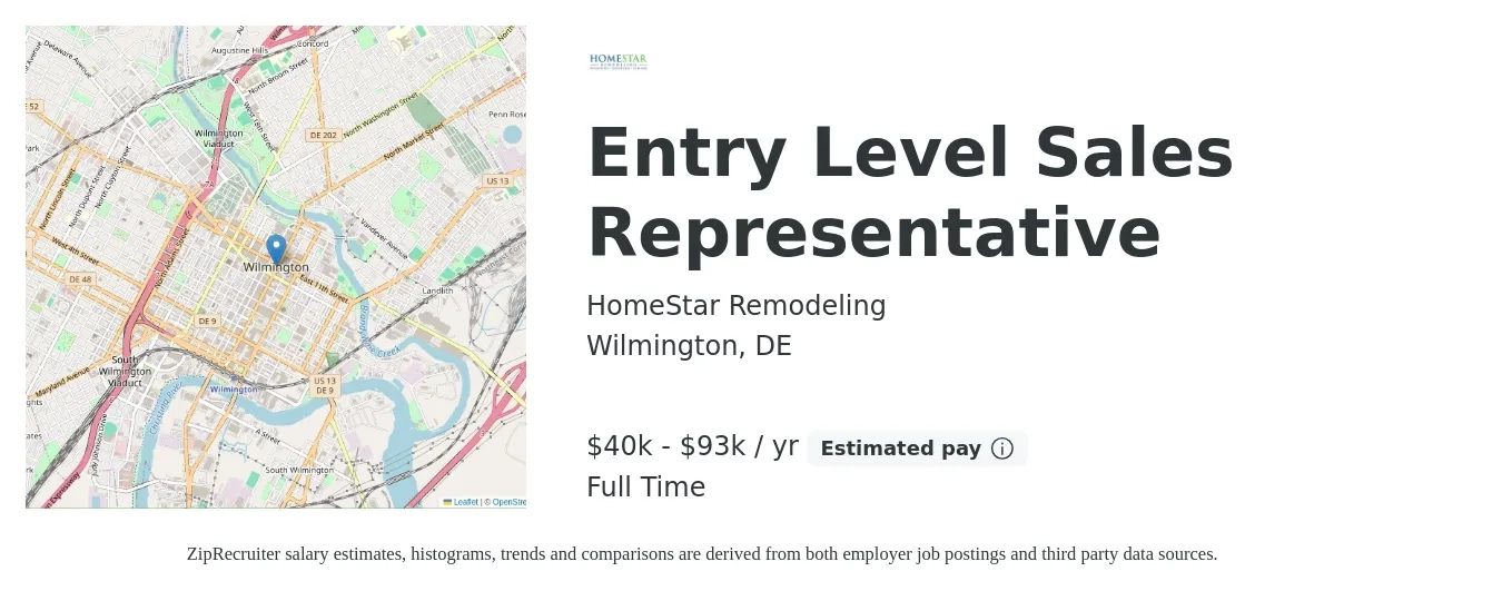 HomeStar Remodeling job posting for a Entry Level Sales Representative in Wilmington, DE with a salary of $40,000 to $93,000 Yearly with a map of Wilmington location.