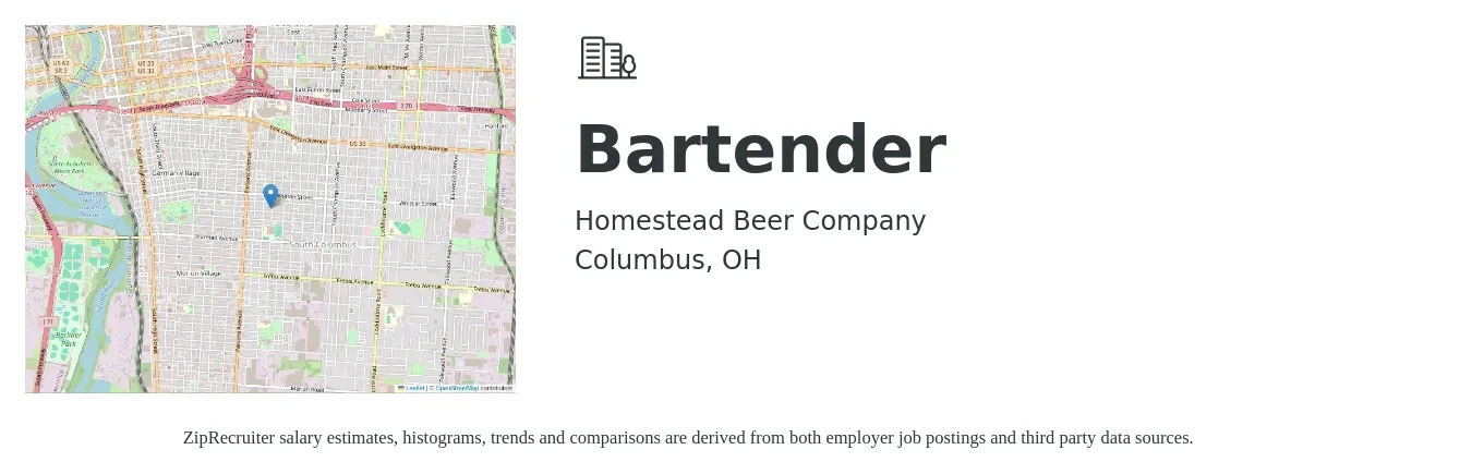 Homestead Beer Company job posting for a Bartender in Columbus, OH with a salary of $10 to $18 Hourly with a map of Columbus location.