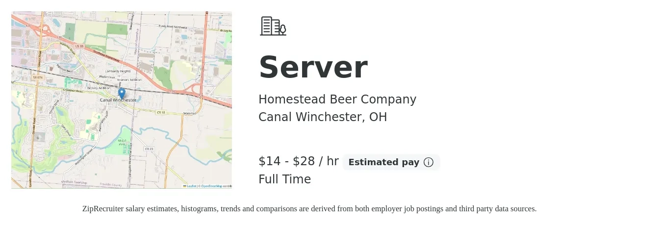 Homestead Beer Company job posting for a Server in Canal Winchester, OH with a salary of $15 to $30 Hourly with a map of Canal Winchester location.