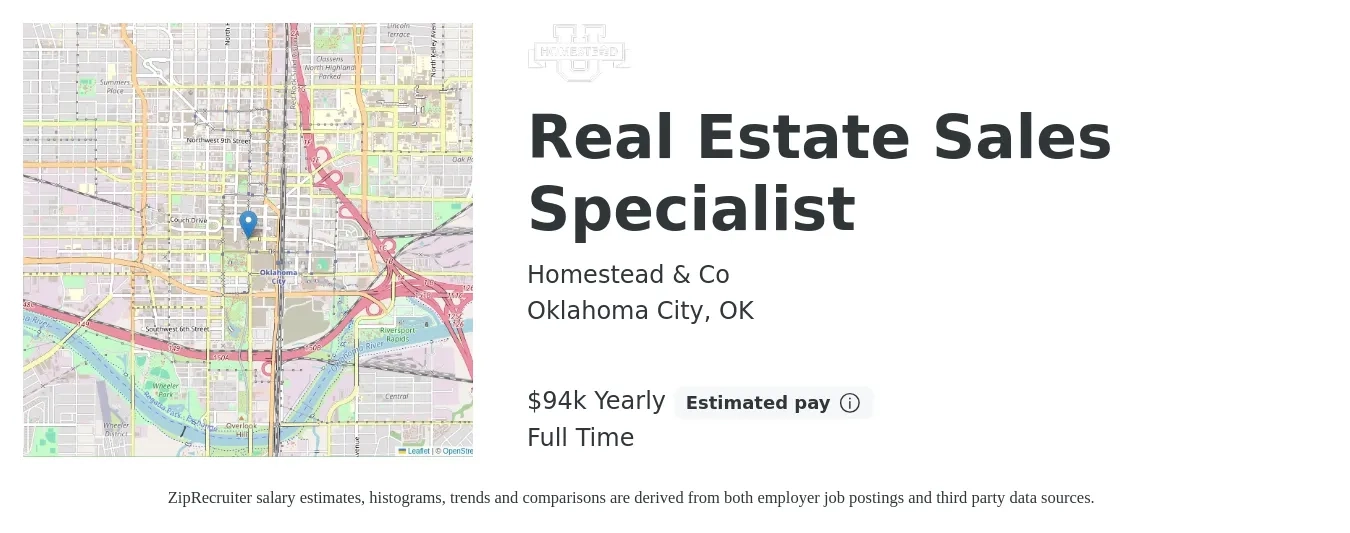 Homestead & Co job posting for a Real Estate Sales Specialist in Oklahoma City, OK with a salary of $94,000 Yearly with a map of Oklahoma City location.