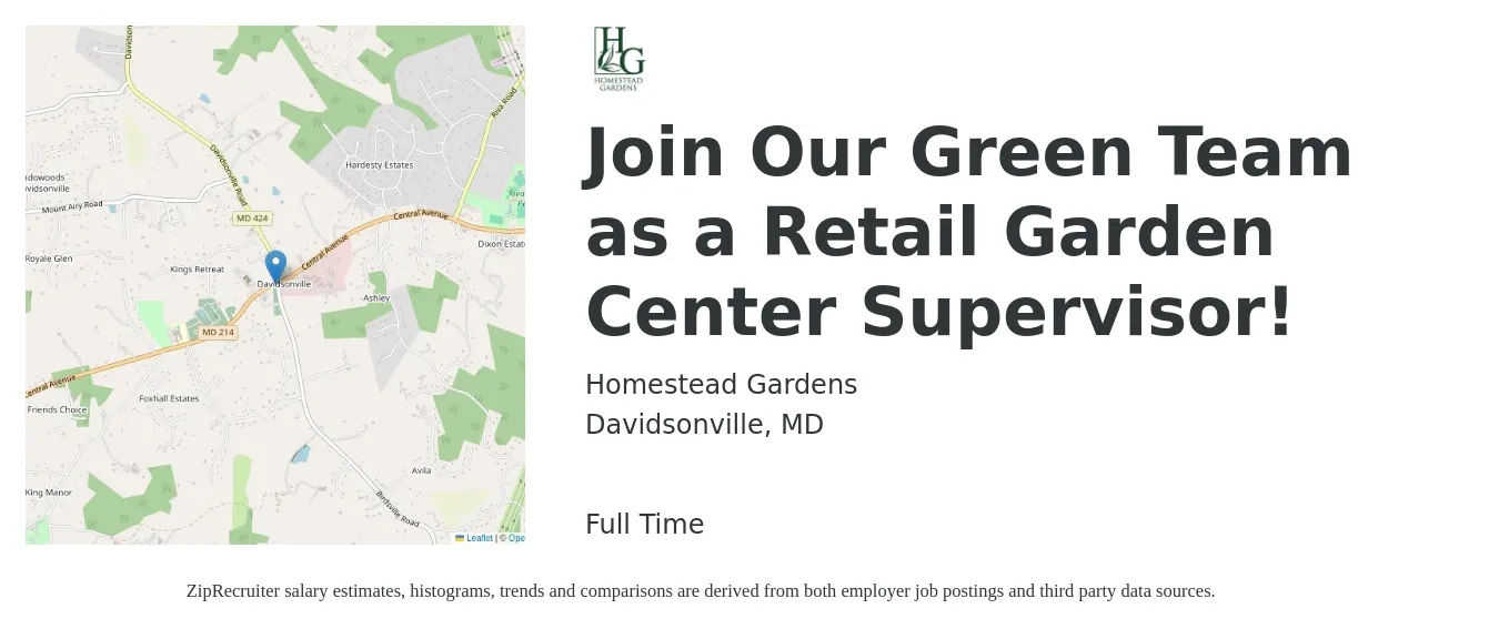 Homestead Gardens Inc job posting for a Join Our Green Team as a Retail Garden Center Supervisor! in Davidsonville, MD with a salary of $16 to $22 Hourly with a map of Davidsonville location.