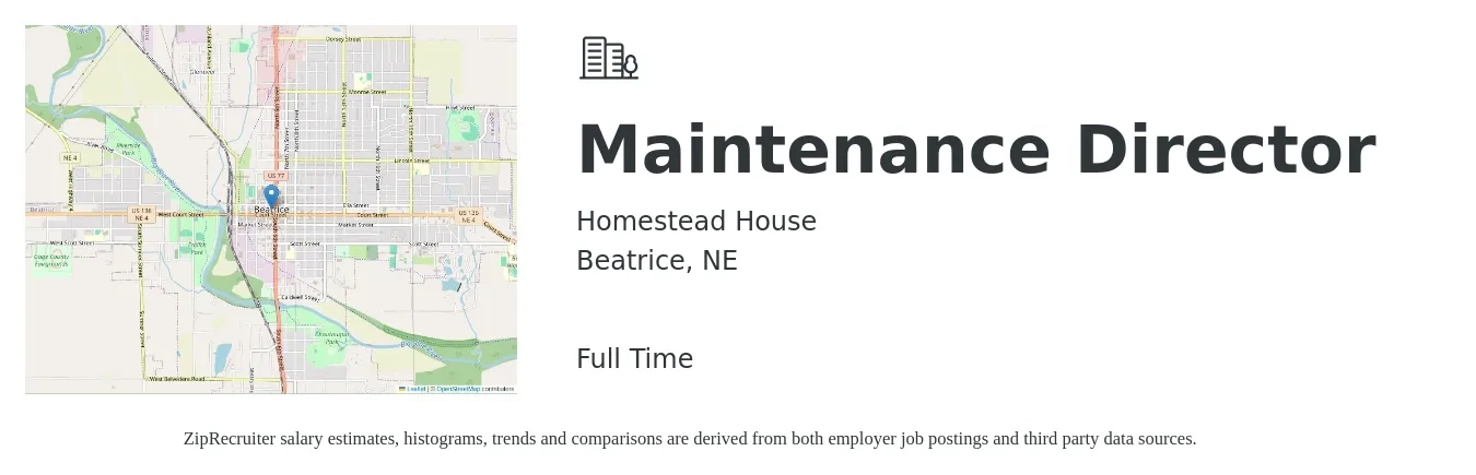 Homestead House job posting for a Maintenance Director in Beatrice, NE with a salary of $51,000 to $84,900 Yearly with a map of Beatrice location.