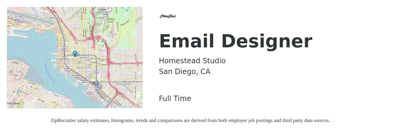 Homestead Studio job posting for a Email Designer in San Diego, CA with a salary of $26 to $38 Hourly with a map of San Diego location.
