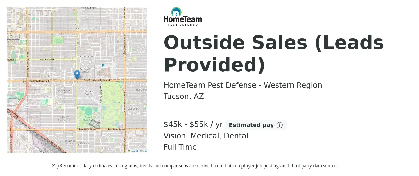 HomeTeam Pest Defense - Western Region job posting for a Outside Sales (Leads Provided) in Tucson, AZ with a salary of $45,000 to $55,000 Yearly and benefits including pto, retirement, vision, dental, life_insurance, and medical with a map of Tucson location.
