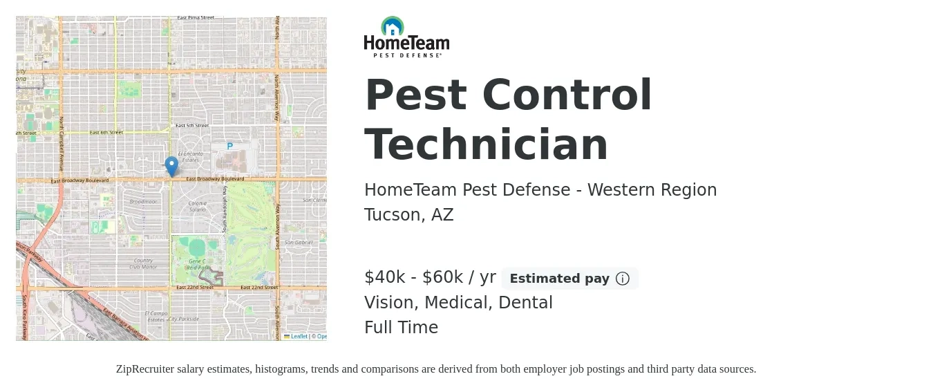 HomeTeam Pest Defense - Western Region job posting for a Pest Control Technician in Tucson, AZ with a salary of $40,000 to $60,000 Yearly and benefits including dental, life_insurance, medical, pto, retirement, and vision with a map of Tucson location.