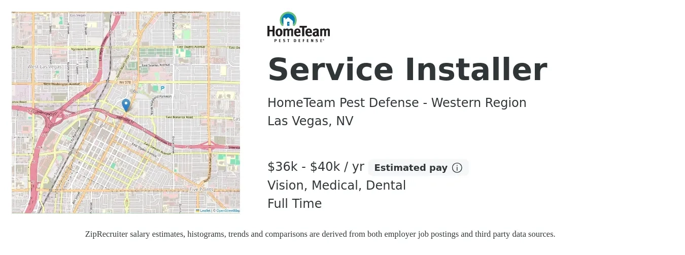 HomeTeam Pest Defense - Western Region job posting for a Service Installer in Las Vegas, NV with a salary of $36,400 to $40,560 Yearly and benefits including dental, life_insurance, medical, pto, retirement, and vision with a map of Las Vegas location.