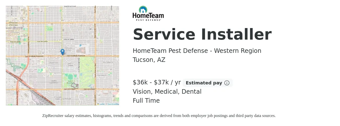 HomeTeam Pest Defense - Western Region job posting for a Service Installer in Tucson, AZ with a salary of $36,400 to $37,440 Yearly and benefits including retirement, vision, dental, life_insurance, medical, and pto with a map of Tucson location.