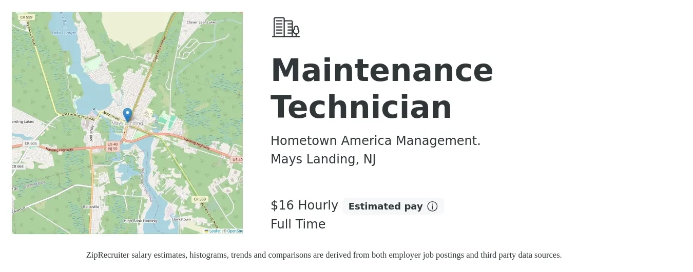 Hometown America Management. job posting for a Maintenance Technician in Mays Landing, NJ with a salary of $18 Hourly with a map of Mays Landing location.